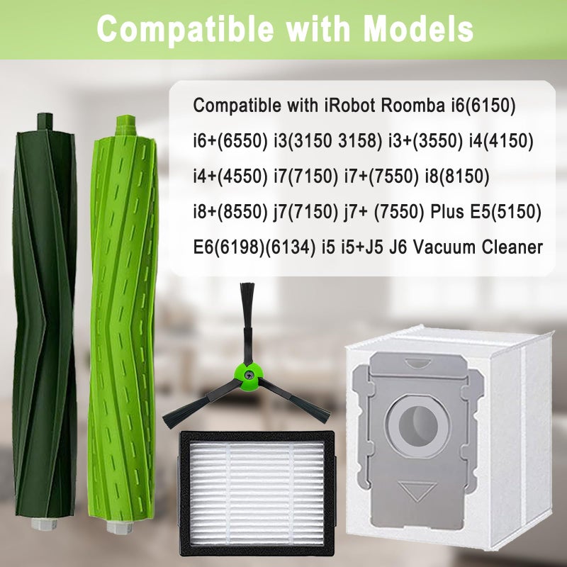 Bvhonwe 26 Pack Replacement Parts Accessories Compatible for iRobot Roomba i3 i3+ i7 i7+ i4 i6 i6+i8 i8+/Plus E5 E6 E7 J7 i5+j5+ I,E&J Series Vacuum Cleaner 2 Roller Brush & 8 Filters & 8 Side Brushes &8 bags - Image 2